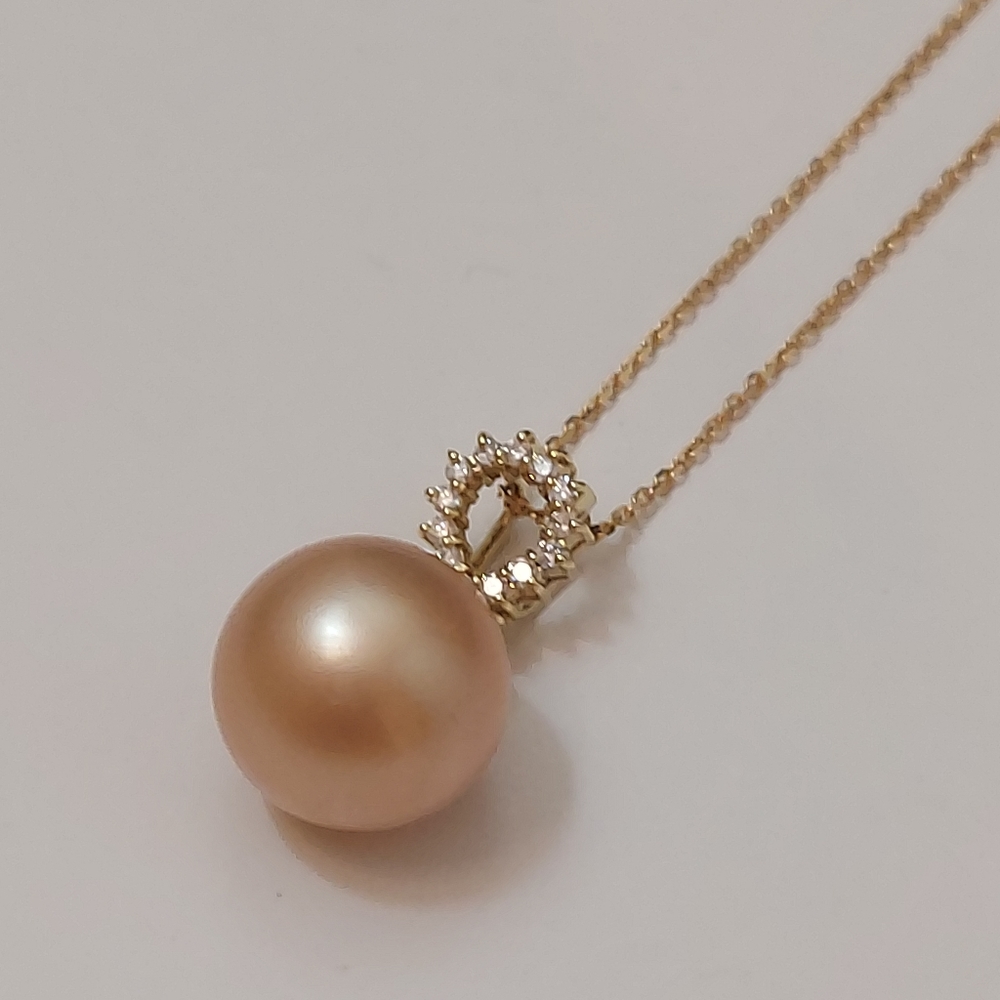 18K Yellow Gold Golden South Sea Pearl Diamond Pendant Necklace - Picture 6 of 14